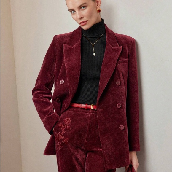MOTF Jackets & Blazers - MOTF Double-Breasted Velvet Blazer in Deep Wine